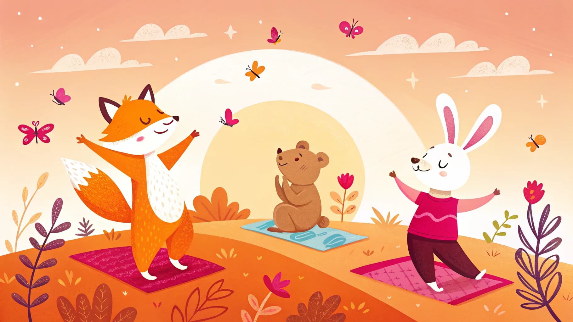 Illustration of a fox, bear cub, and bunny doing yoga together at sunrise