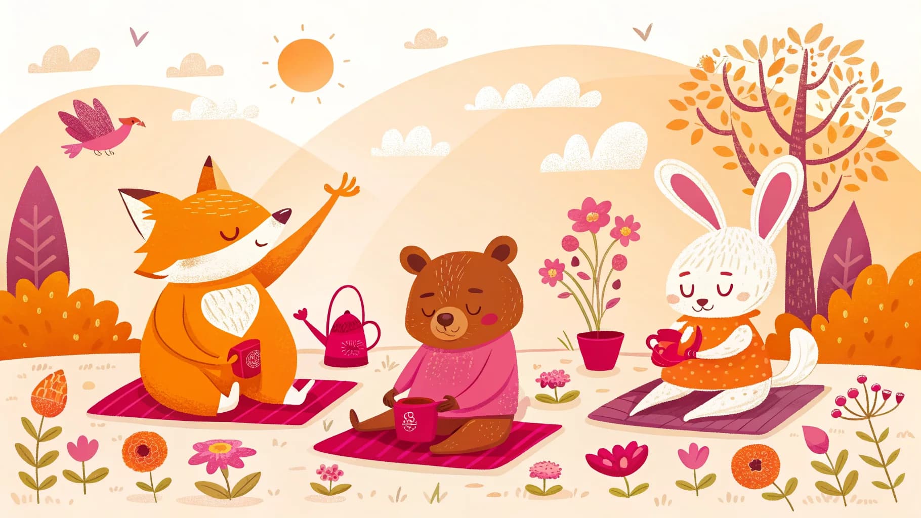 Illustration of animal friends practicing yoga together in a garden
